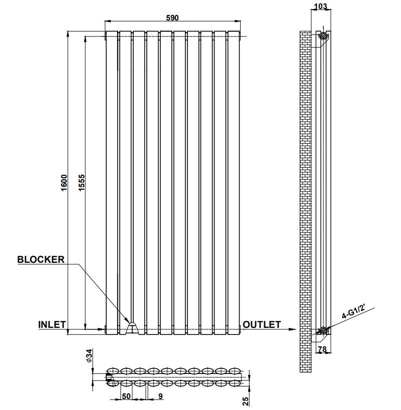 Vertical Designer Oval Column Radiator 1600x590mm Double White & Anthracite