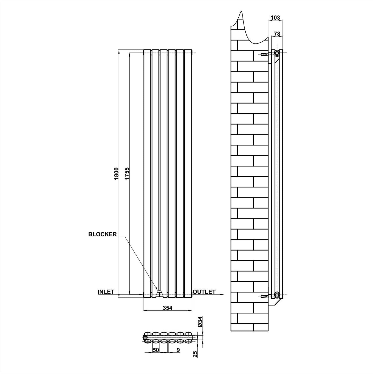 Vertical Designer Oval Column Radiator 1800x354mm Double White & Anthracite