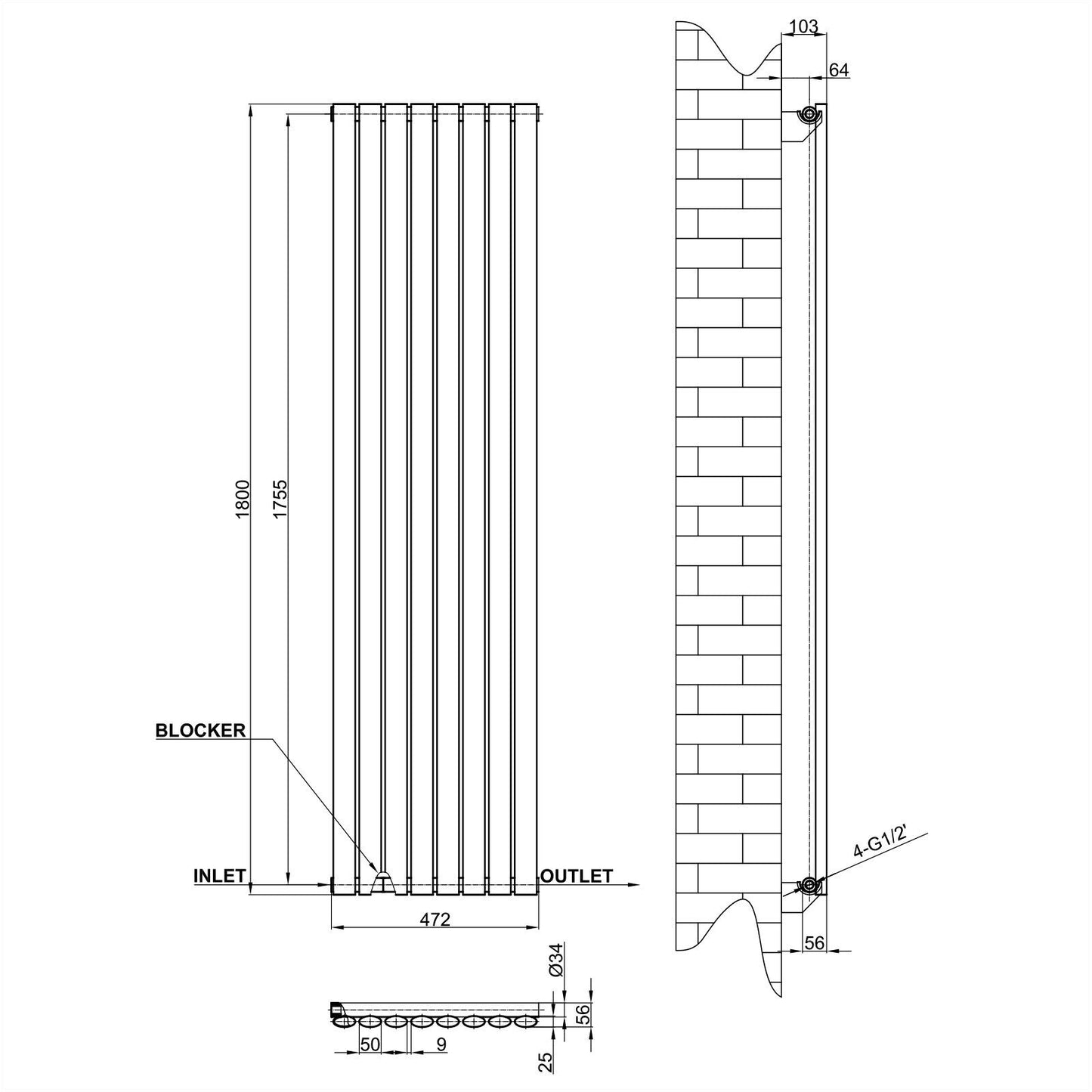 Vertical Designer Oval Column Radiator 1800x472mm Double White & Anthracite