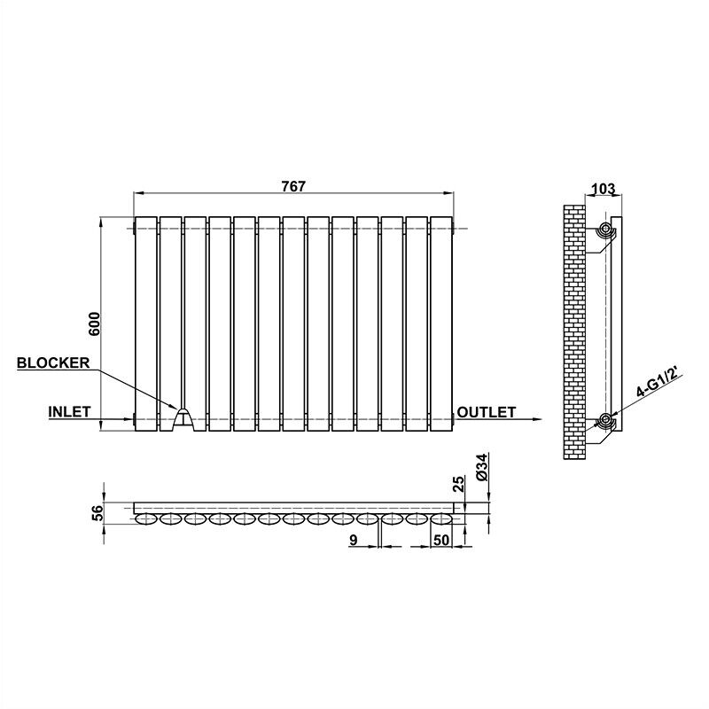 Rex horizontal Single oval designer Radiator 600x767mm White & Anthrecite
