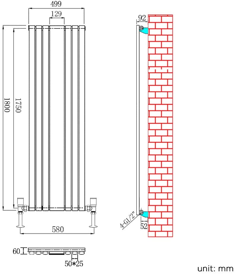Vertical Designer Mirro Oval Panel Tall Radiator 1800x500mm Single White